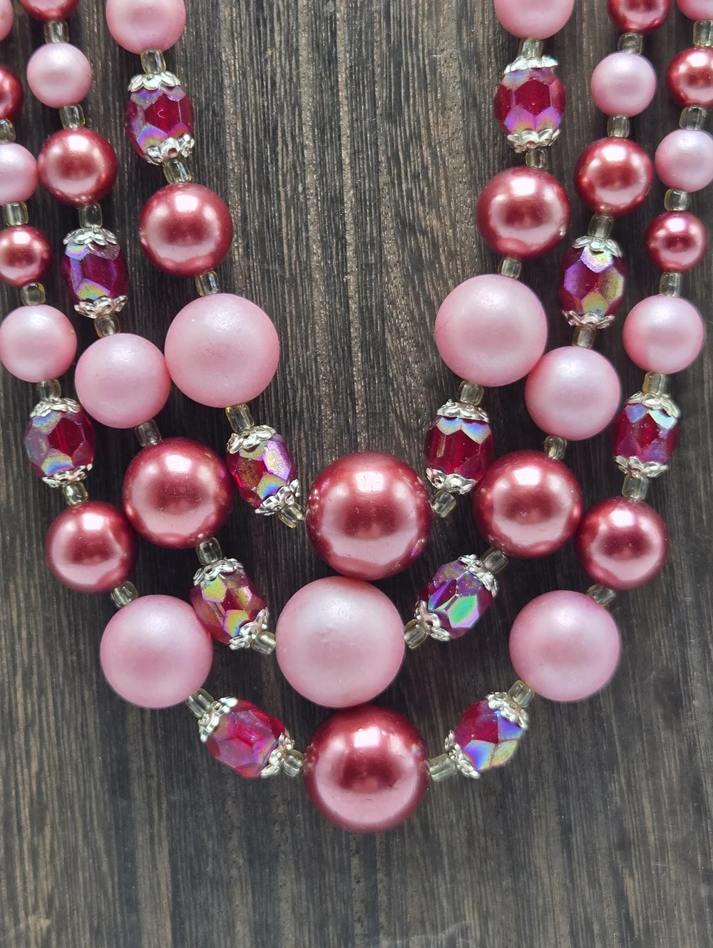60's Japan Signed Necklace Triple Strand Necklace Pink Faceted Beads Gold Tone